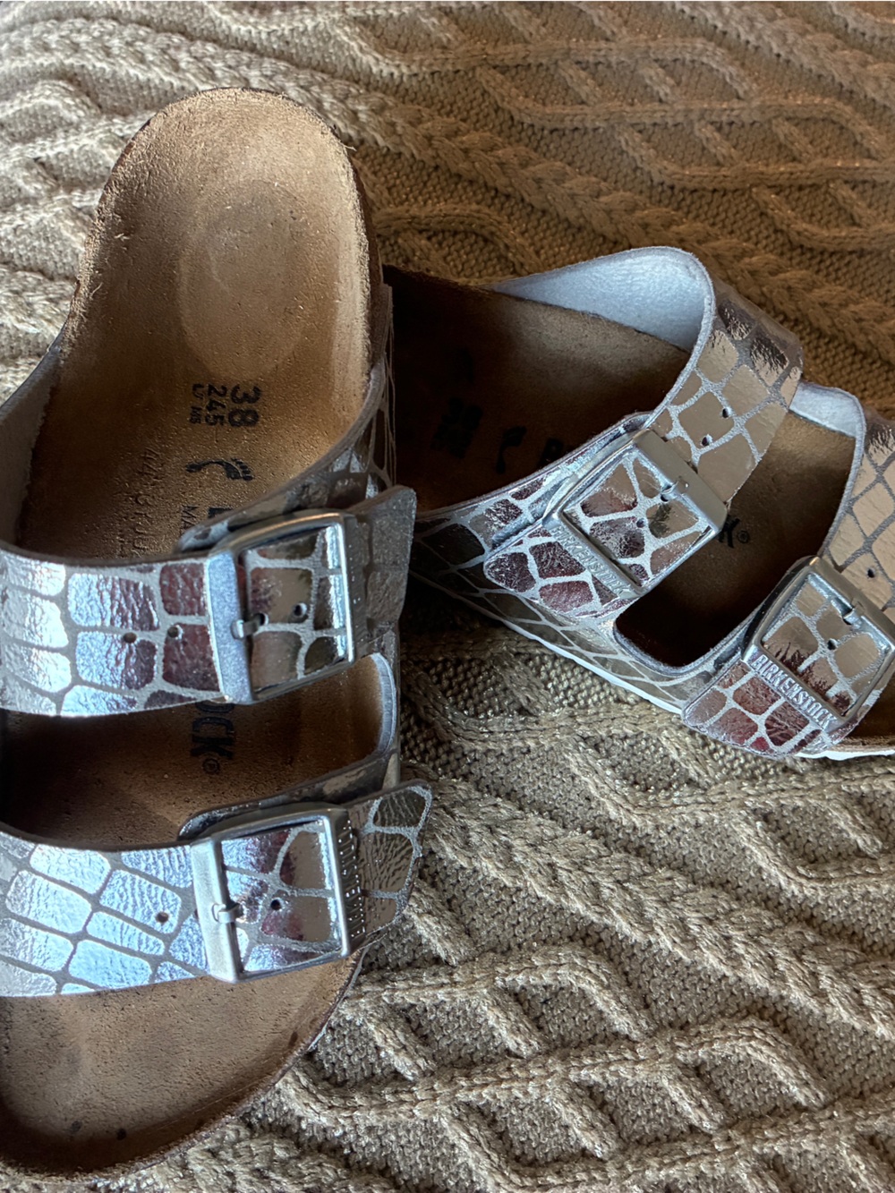 Birkenstock Arizona silver metallic croc print.